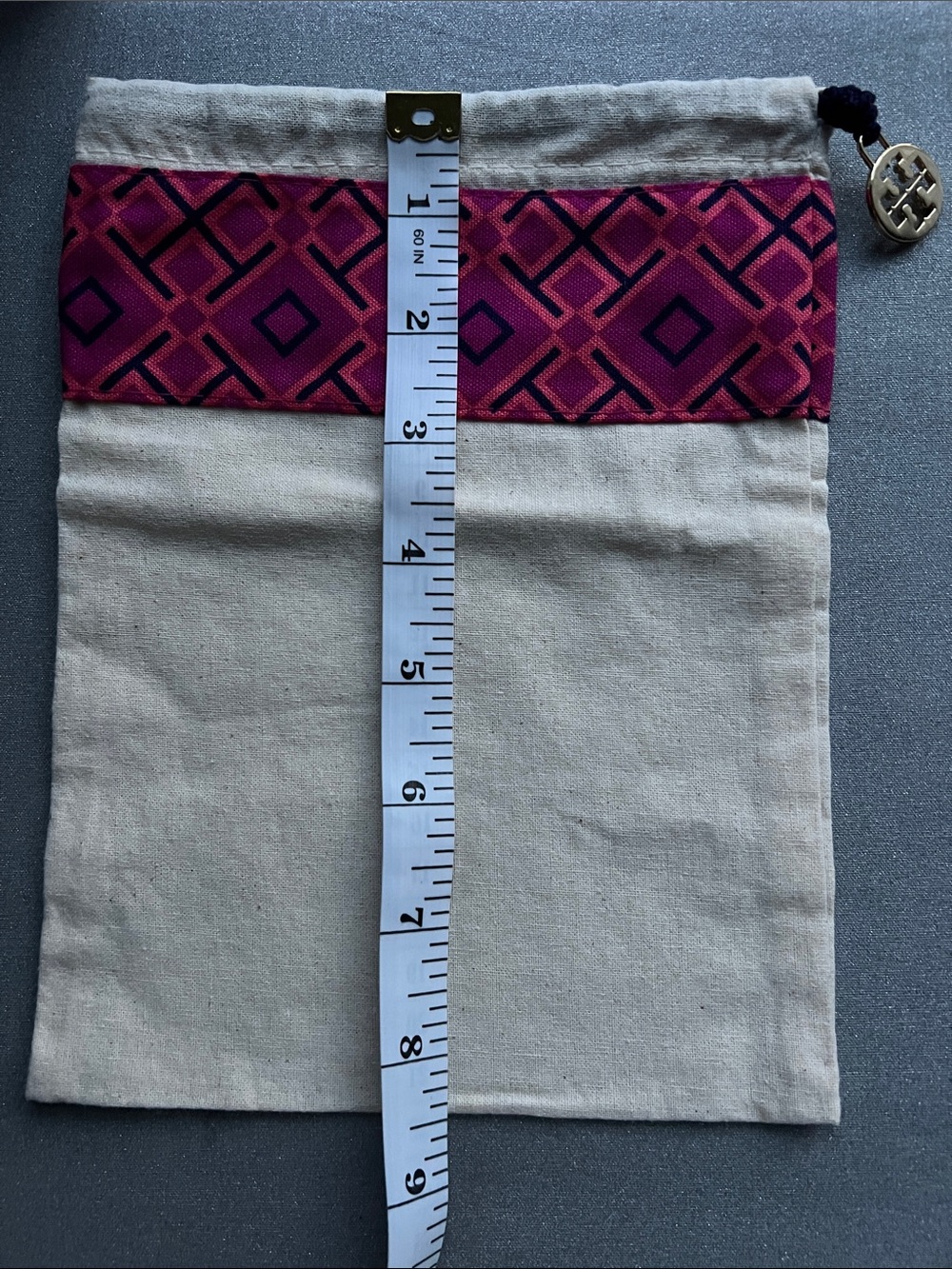 Tory Burch | Natural Canvas Dust Bag Pink & Navy Geometric Trim Size 6.5” x 8.5” - Picture 8 of 10